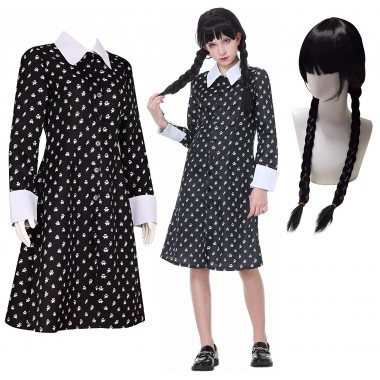 STRÓJ SUKIENKA WEDNESDAY ADDAMS NA HALLOWEEN BAL KARNAWAŁ COSPLAY + PERUKA