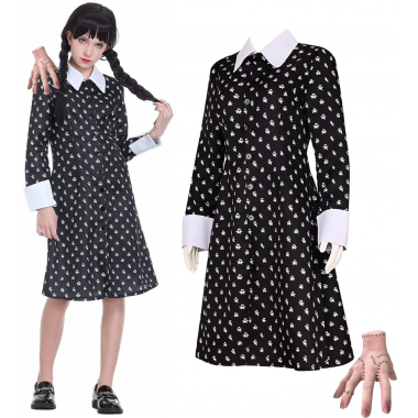STRÓJ SUKIENKA WEDNESDAY ADDAMS COSPLAY + RĄCZKA THING DANCE