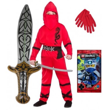 STRÓJ PRZEBRANIE NINJA CZERWONY KARTY LEGO NINJAGO NA BAL KARNAWAŁ MIECZ RĘKAWICZKI