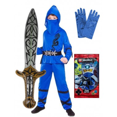 STRÓJ PRZEBRANIE NINJA NIEBIESKI KARTY LEGO NINJAGO NA BAL KARNAWAŁ MIECZ RĘKAWICZKI