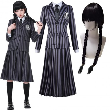 STRÓJ PRZEBRANIE WEDNESDAY ADDAMS MUNDUREK SZKOLNY NA HALLOWEEN BAL COSPLAY + PERUKA NA BAL KARNAWAŁ