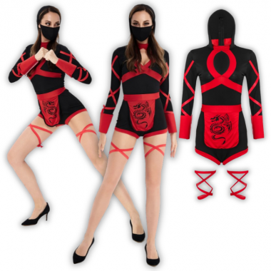 STRÓJ KOSTIUM PRZEBRANIE NINJA WOJOWNICZKA KUNOICHI SAMURAJ DAMSKI HALLOWEEN COSPLAY CZERWONY