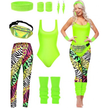 STRÓJ PRZEBRANIE DISCO NEON LATA 80 90 ZESTAW RETRO BODY LEGGINSY 8W1