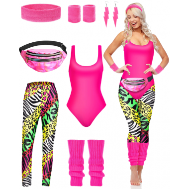 STRÓJ PRZEBRANIE DISCO NEON LATA 80 90 ZESTAW RETRO BODY LEGGINSY 8W1 S M RÓŻOWY