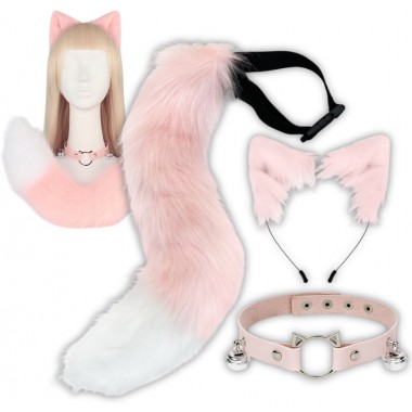 STRÓJ KOTA LISA WILKA FURRY THERIAN OGON USZY CHOKER ZESTAW COSPLAY FUTRZAK RÓŻOWY