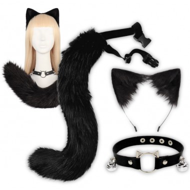 STRÓJ KOTA LISA WILKA FURRY THERIAN OGON USZY CHOKER ZESTAW COSPLAY FUTRZAK CZARNY