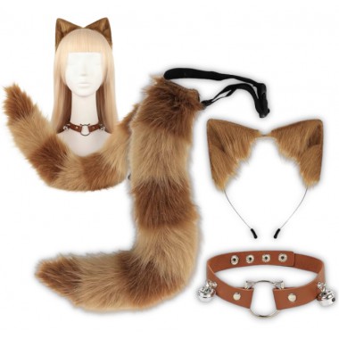 STRÓJ KOTA LISA WILKA FURRY THERIAN OGON USZY CHOKER ZESTAW COSPLAY FUTRZAK BRĄZOWY