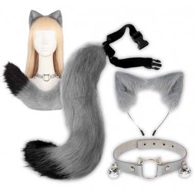 STRÓJ KOTA LISA WILKA FURRY THERIAN OGON USZY CHOKER ZESTAW COSPLAY FUTRZAK SZARY