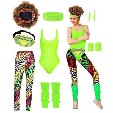 STRÓJ PRZEBRANIE DISCO NEON LATA 80 90 ZESTAW RETRO BODY LEGGINSY 9W1 PERUKA